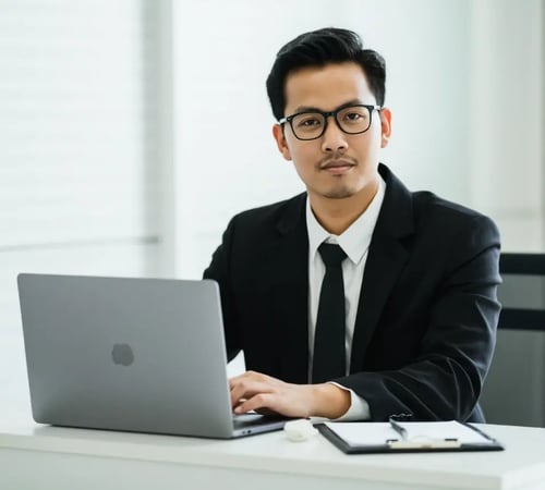 Joseph Kyaw Sein Htun on a laptop working on the marketing data